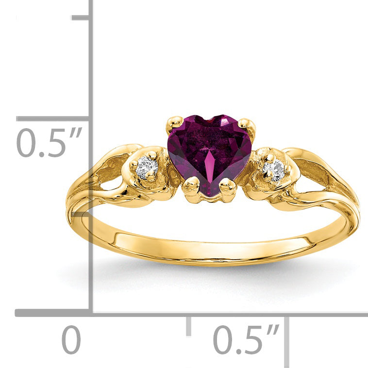 14K Yellow Gold 5mm Heart Rhodolite Garnet Aa Diamond Ring