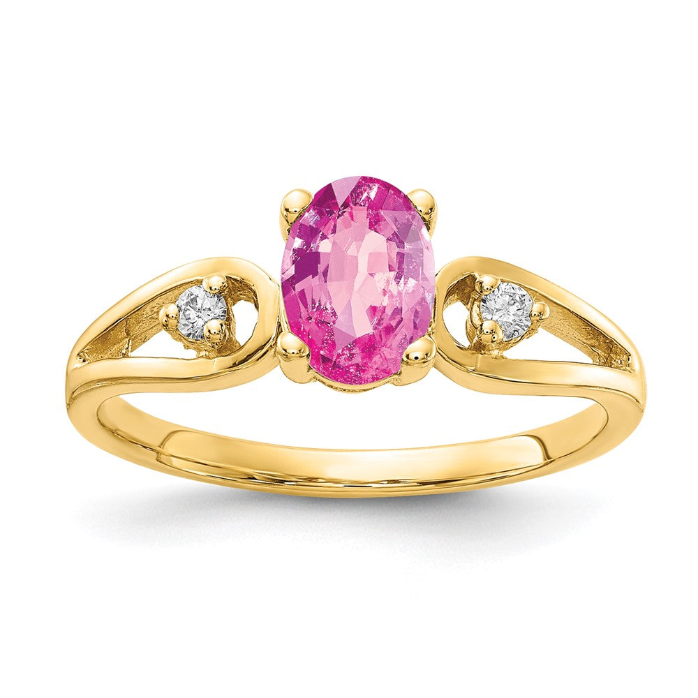14K Yellow Gold 7X5mm Oval Pink Sapphire Aaa Diamond Ring