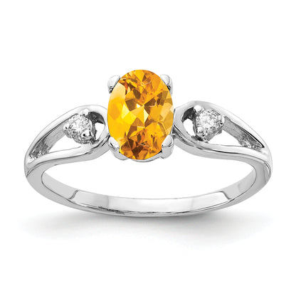 14K White Gold 7X5mm Oval Citrine Checker Aa Diamond Ring