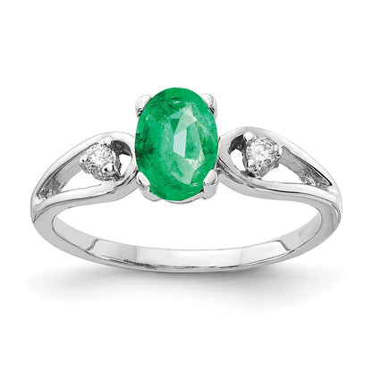 14K White Gold 7X5mm Oval Emerald Aa Diamond Ring