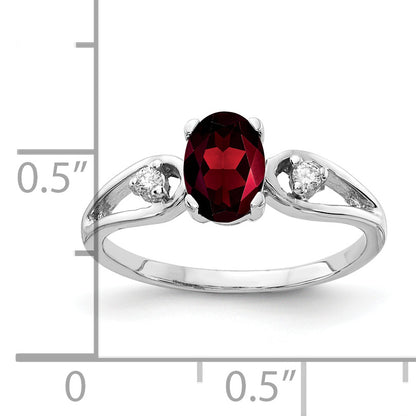 14K White Gold 7X5mm Oval Garnet Checker Aa Diamond Ring