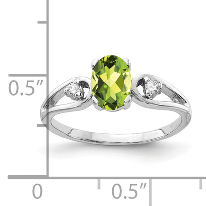 14K White Gold 7X5mm Oval Peridot Checker Aa Diamond Ring