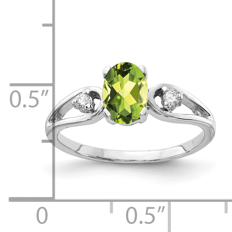 14K White Gold 7X5mm Oval Peridot Checker Aaa Diamond Ring