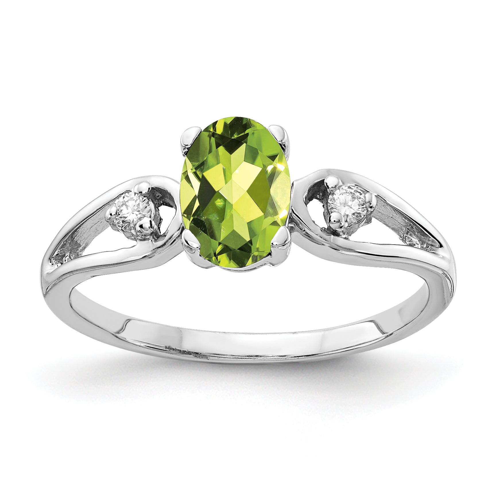 14K White Gold 7X5mm Oval Peridot Checker Aa Diamond Ring