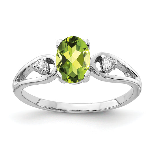 14K White Gold 7X5mm Oval Peridot Checker Aa Diamond Ring