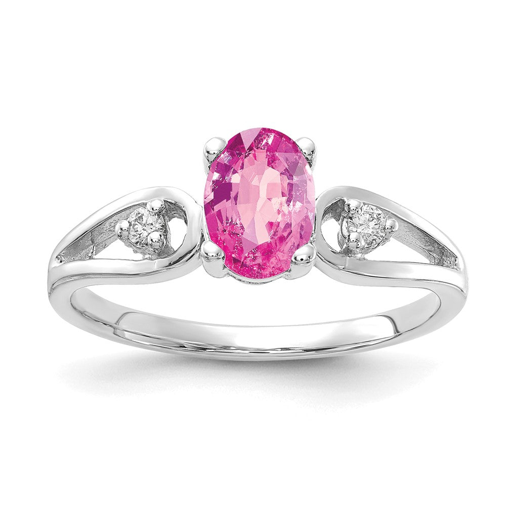 14K White Gold 7X5mm Oval Pink Sapphire Aa Diamond Ring