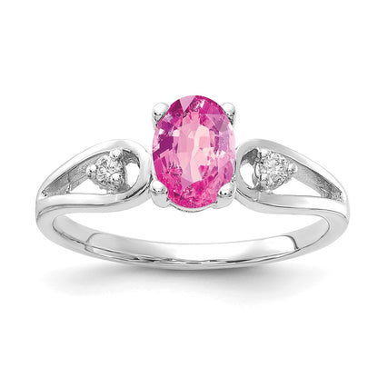 14K White Gold 7X5mm Oval Pink Sapphire Aa Diamond Ring