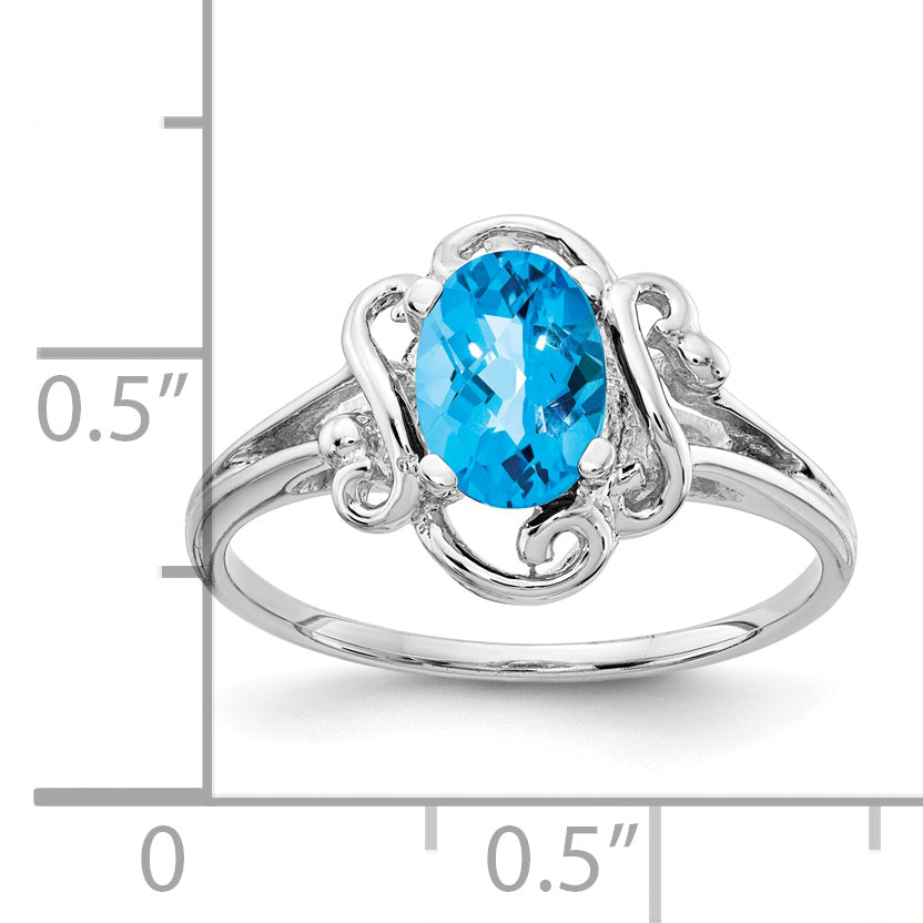 14k White Gold 7x5mm Oval Blue Topaz Checker ring