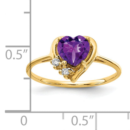 14K Yellow Gold 6mm Heart Amethyst A Diamond Ring