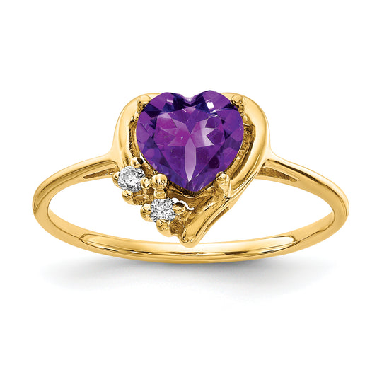14K Yellow Gold 6mm Heart Amethyst A Diamond Ring