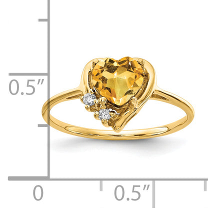 14K Yellow Gold 6mm Heart Citrine A Diamond Ring