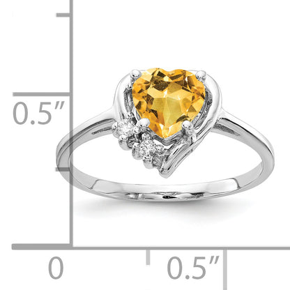 14K White Gold 6mm Heart Citrine A Diamond Ring