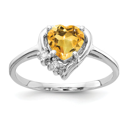 14K White Gold 6mm Heart Citrine A Diamond Ring