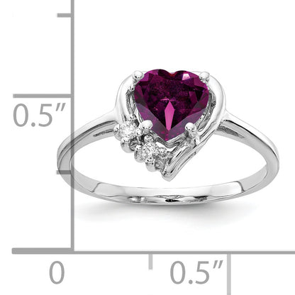 14k White Gold 6mm Heart Rhodolite Garnet AA Diamond ring