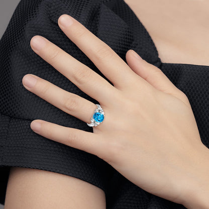 14k White Gold 10x8mm Oval Blue Topaz Checker AA Diamond ring