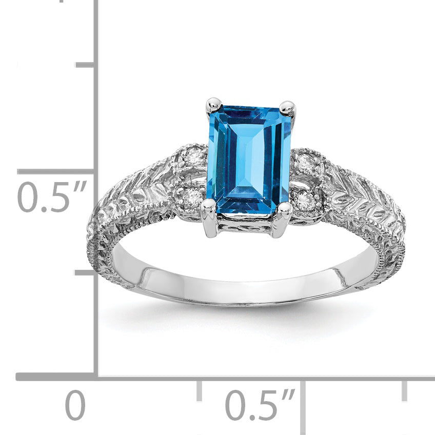 14k White Gold 7x5mm Emerald Cut Blue Topaz AAA Diamond ring