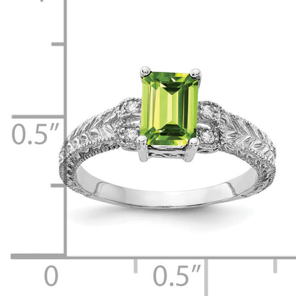 14k White Gold 7x5mm Emerald Cut Peridot AAA Diamond ring