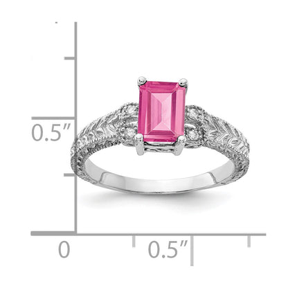 14k White Gold 7x5mm Emerald Cut Pink Tourmaline AA Diamond ring
