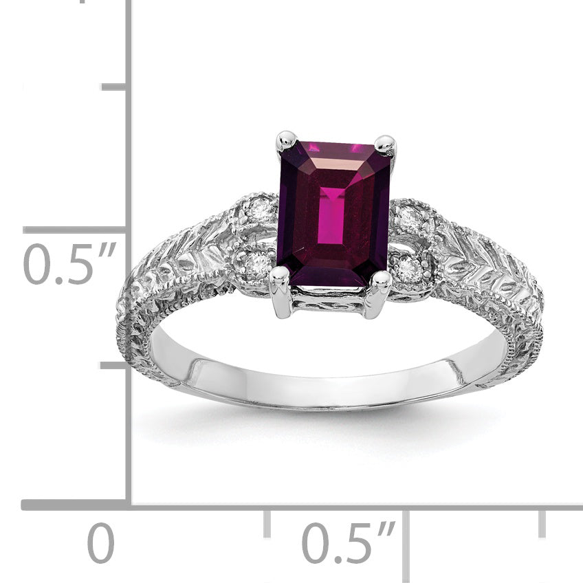 14k White Gold 7x5mm Emerald Cut Rhodolite Garnet VS Diamond ring