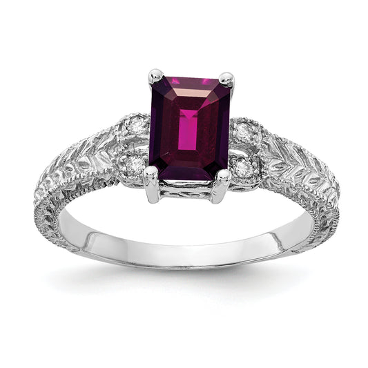 14k White Gold 7x5mm Emerald Cut Rhodolite Garnet VS Diamond ring
