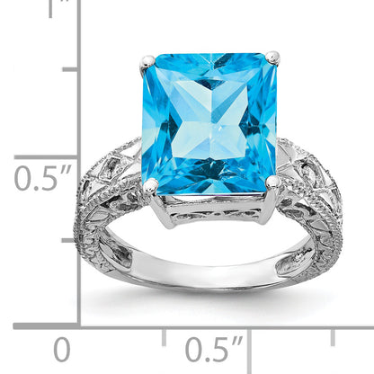 14k White Gold 12x10mm Emerald Cut Blue Topaz VS Diamond ring