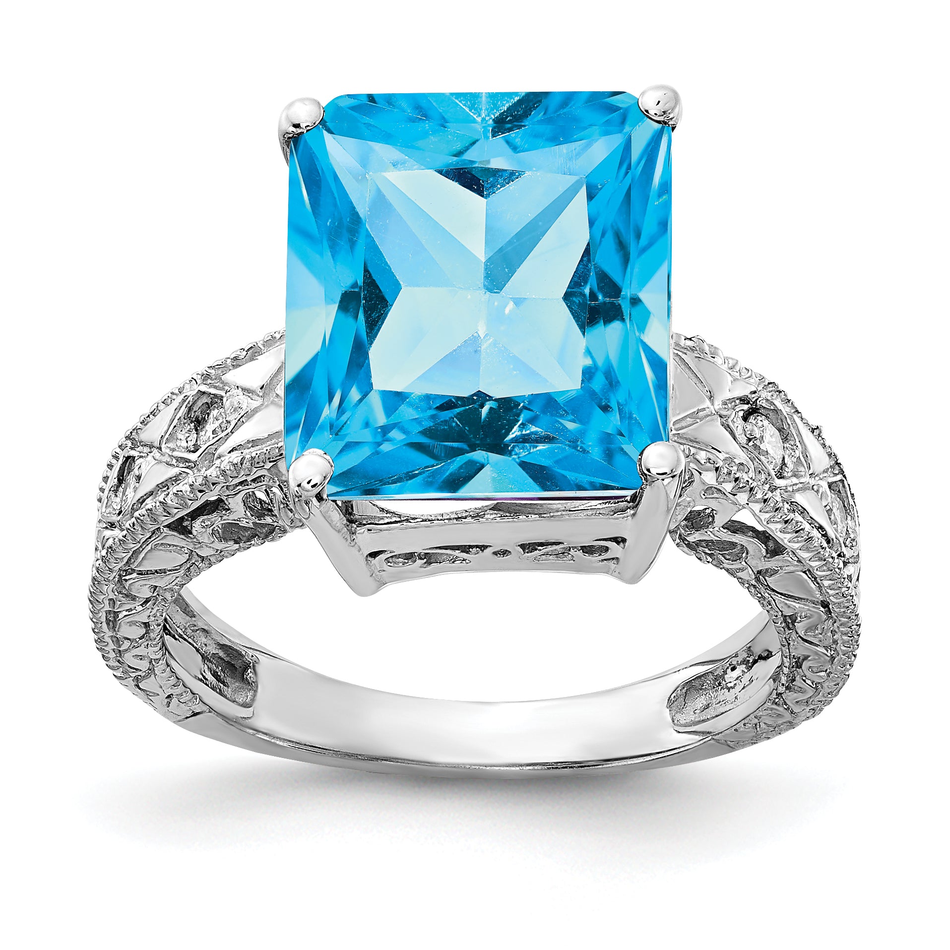 14k White Gold 12x10mm Emerald Cut Blue Topaz VS Diamond ring