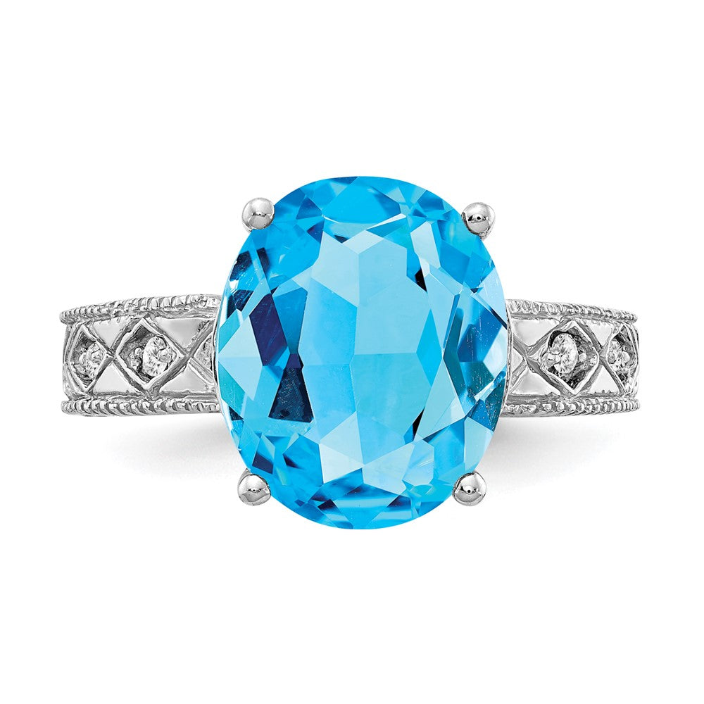 14k White Gold 12x10mm Oval Blue Topaz Checker A Real Diamond ring