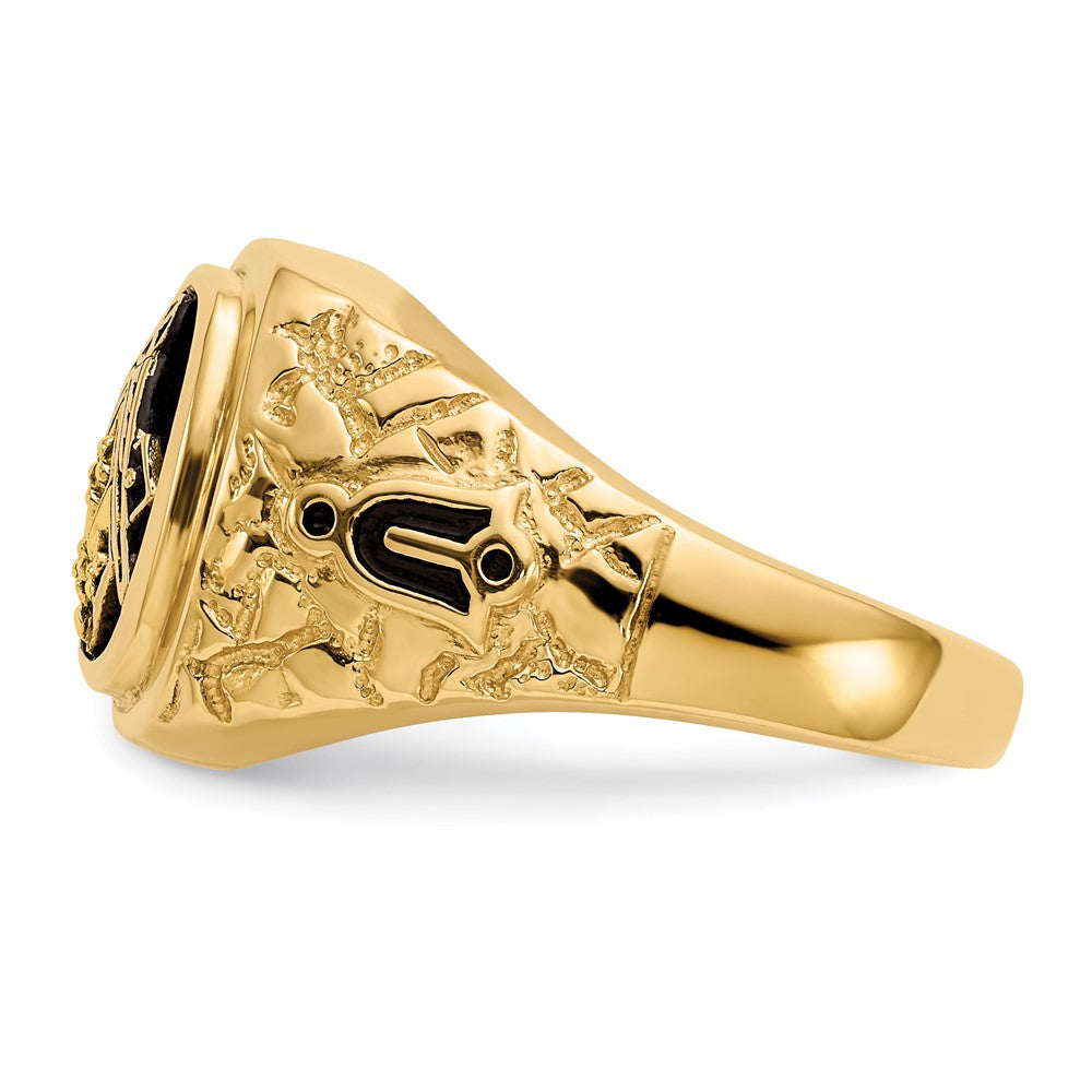 14k Yellow Gold Polished Antiqued and Nugget Texture AA Quality Diamond Masonic Ring