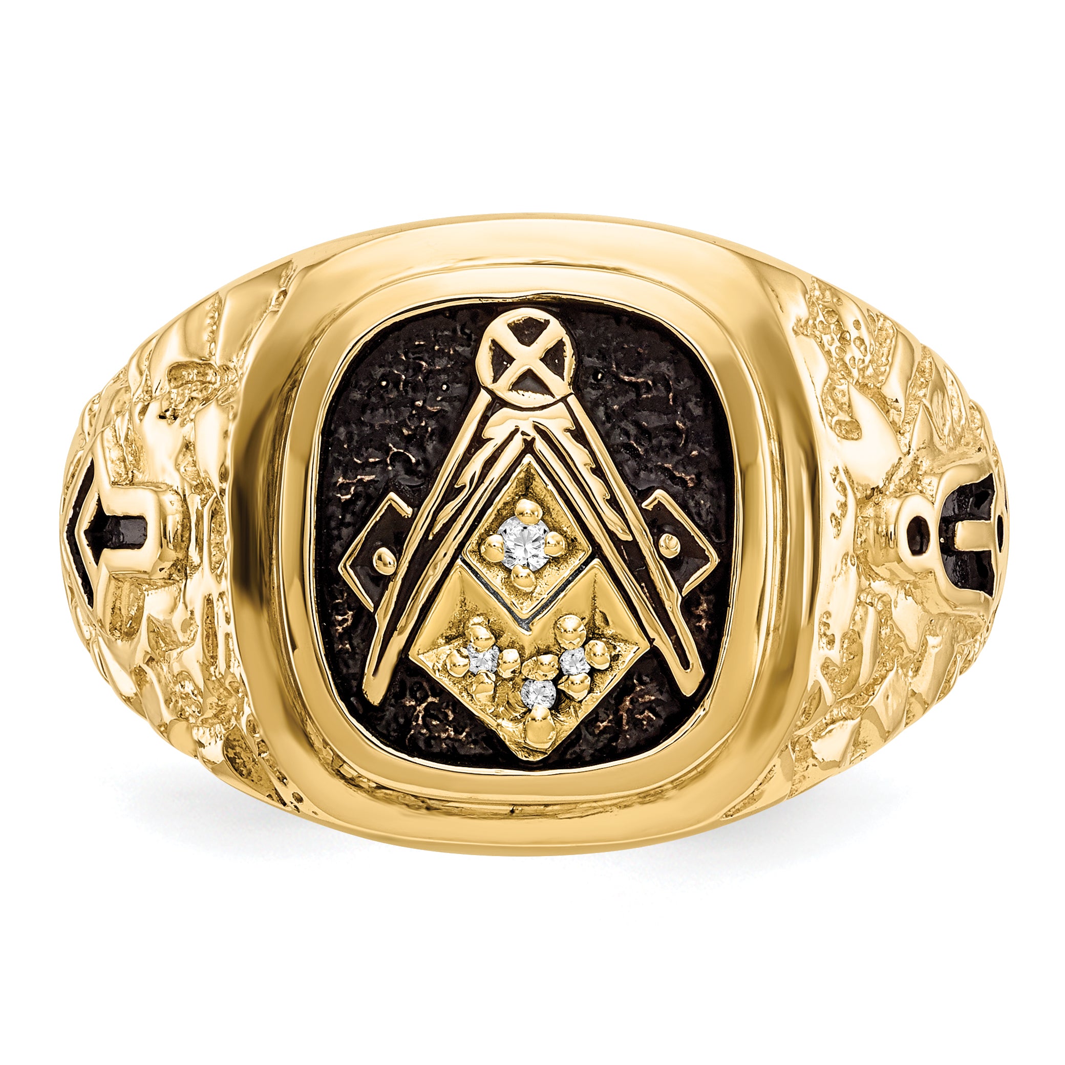 14k Yellow Gold Polished Antiqued and Nugget Texture AAA Quality Diamond Masonic Ring