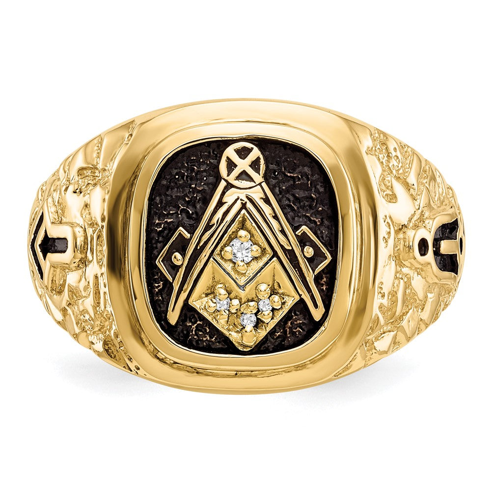 14k Yellow Gold Polished Antiqued and Nugget Texture VS Quality Diamond Masonic Ring