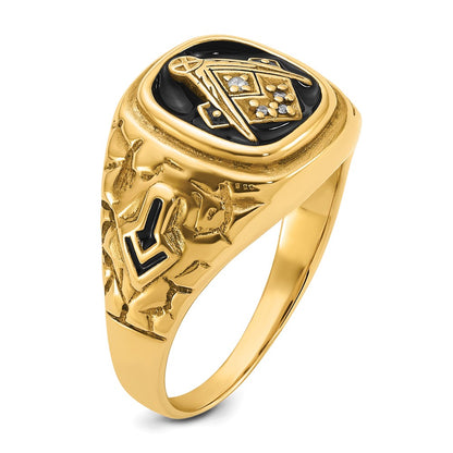 14k Yellow Gold Polished Antiqued and Nugget Texture VS Quality Diamond Masonic Ring