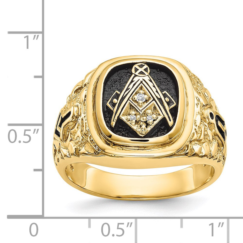 14k Yellow Gold Polished Antiqued and Nugget Texture AA Quality Diamond Masonic Ring