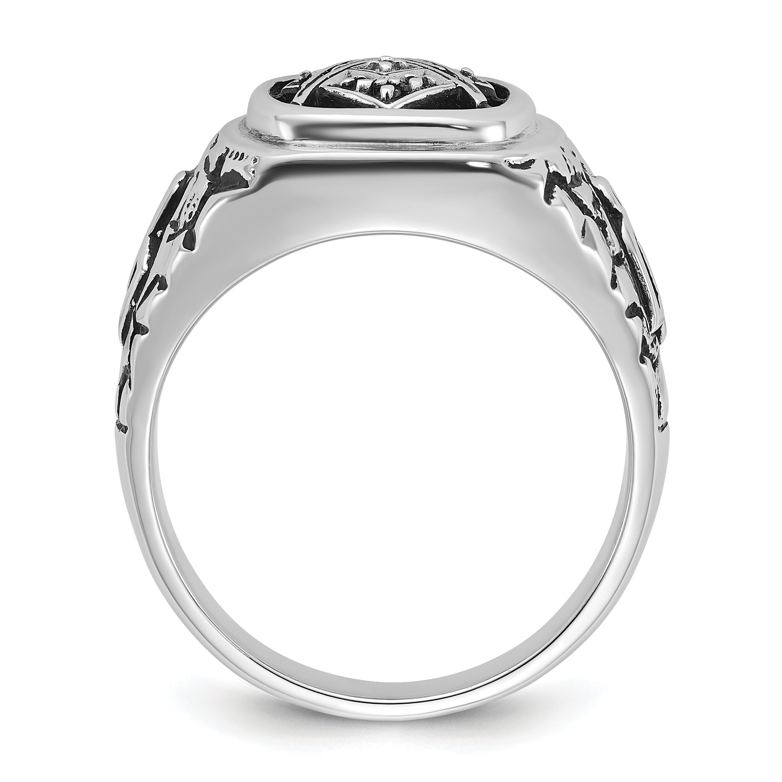 14k White Gold Mens Polished and Textured with Black Enamel and AA Quality Diamonds Masonic Ring