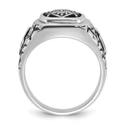 14k White Gold Mens Polished and Textured with Black Enamel and AA Quality Diamonds Masonic Ring