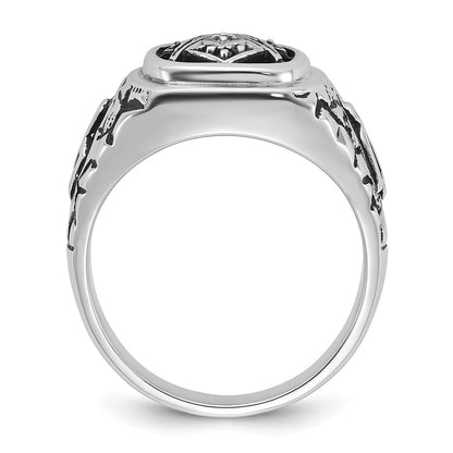 14k White Gold Mens Polished and Textured with Black Enamel and AAA Quality Diamonds Masonic Ring