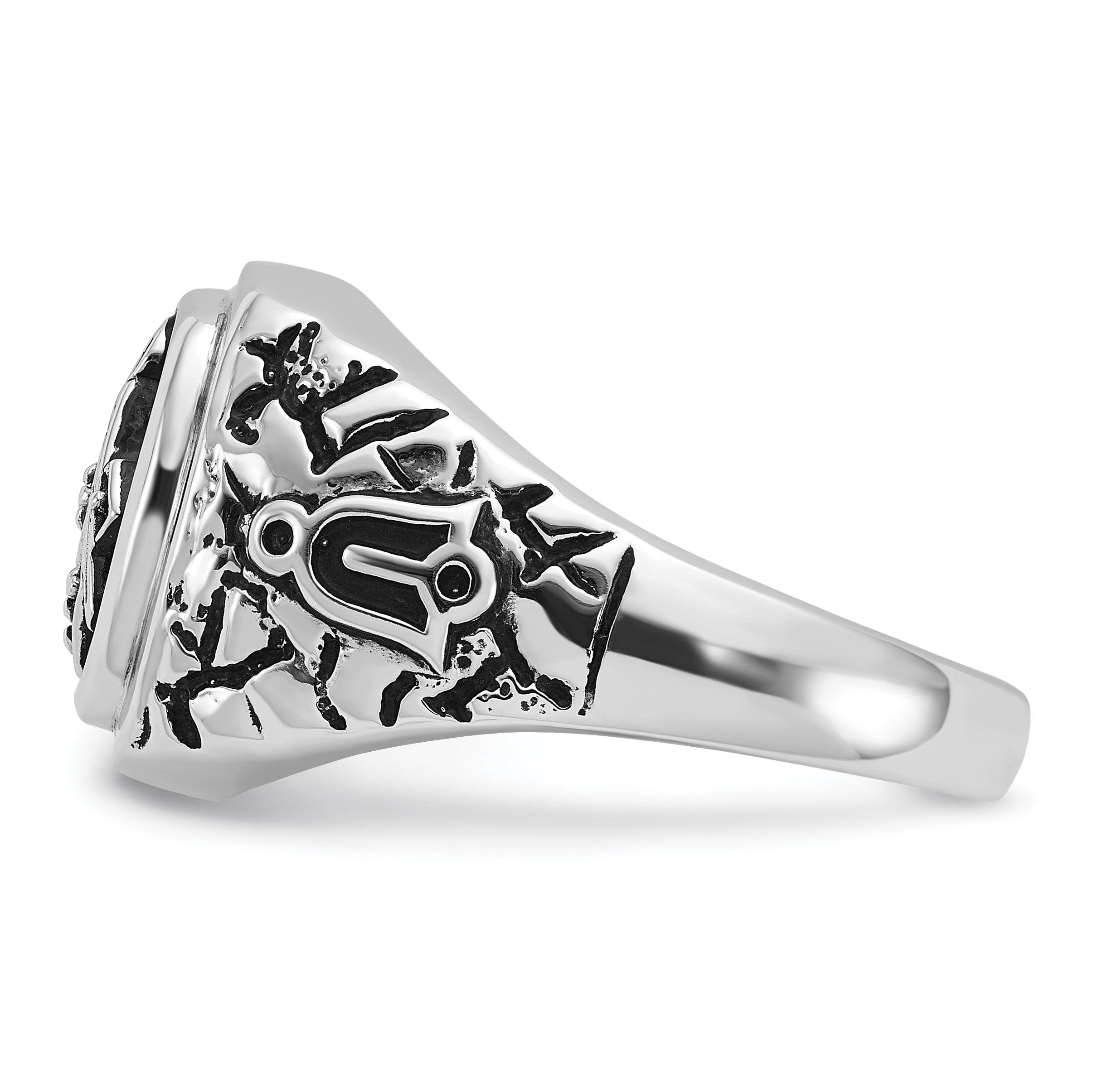 14k White Gold Mens Polished and Textured with Black Enamel and AA Quality Diamonds Masonic Ring