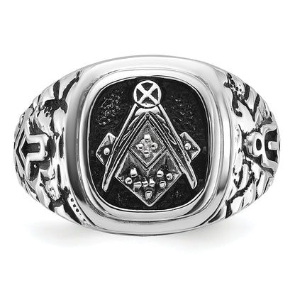 14k White Gold Mens Polished and Textured with Black Enamel and AA Quality Diamonds Masonic Ring