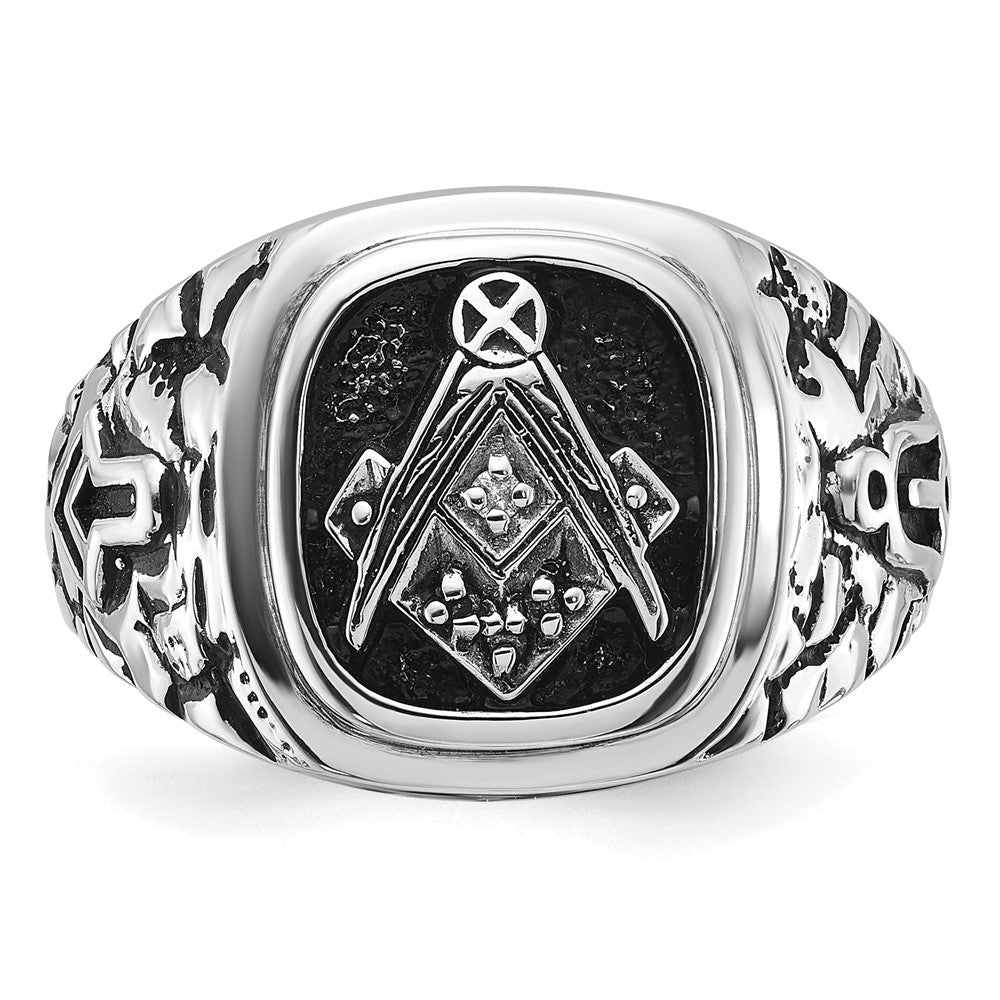 14k White Gold Mens Polished and Textured with Black Enamel and VS Quality Diamonds Masonic Ring