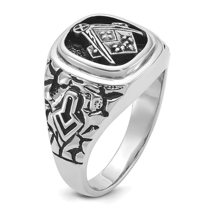 14k White Gold Mens Polished and Textured with Black Enamel and AAA Quality Diamonds Masonic Ring