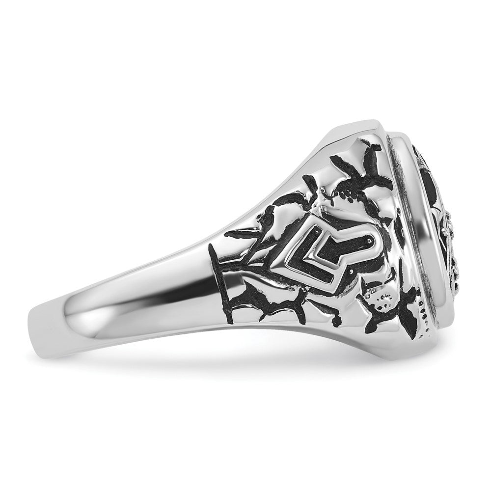 14k White Gold Mens Polished and Textured with Black Enamel and VS Quality Diamonds Masonic Ring