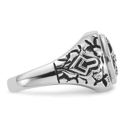14k White Gold Mens Polished and Textured with Black Enamel and AAA Quality Diamonds Masonic Ring