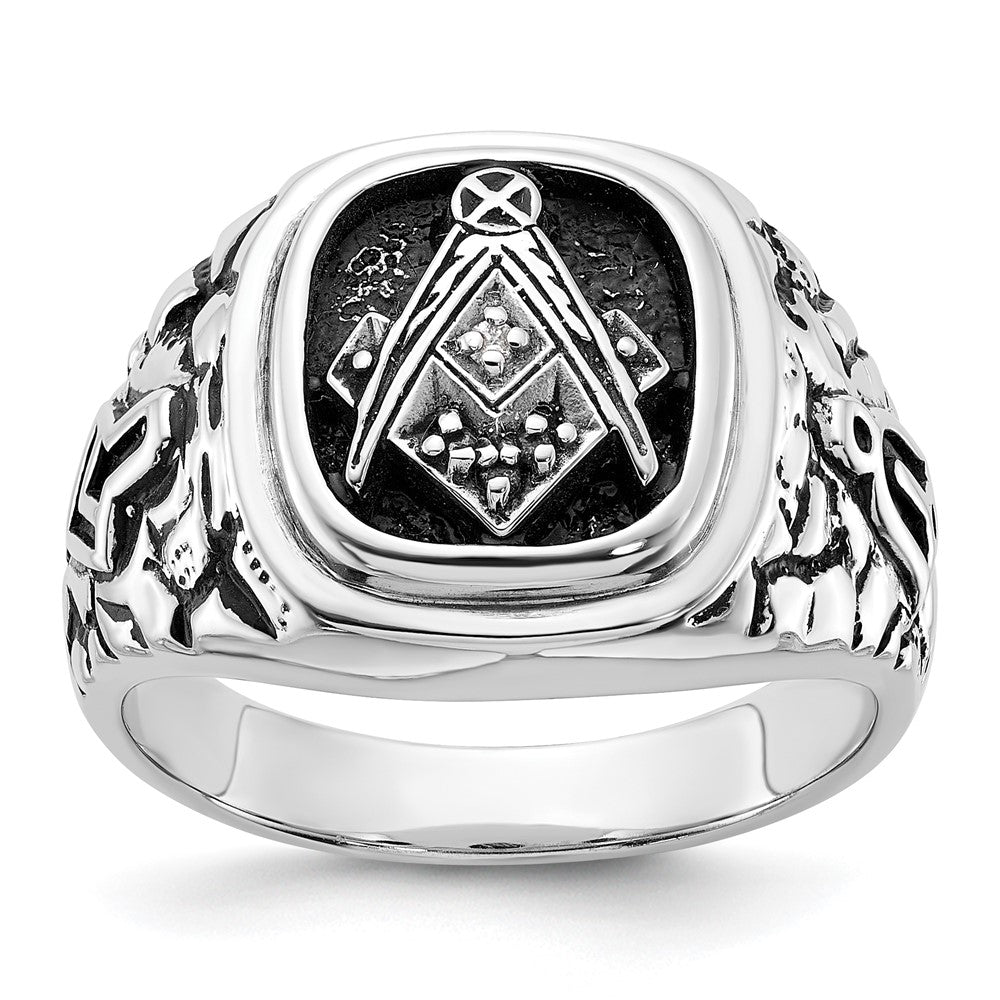 14k White Gold Mens Polished and Textured with Black Enamel and AAA Quality Diamonds Masonic Ring
