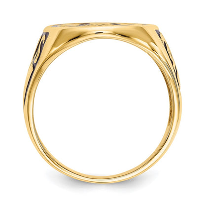 14k Yellow Gold Mens Polished and Grooved with Black Enamel Masonic Ring