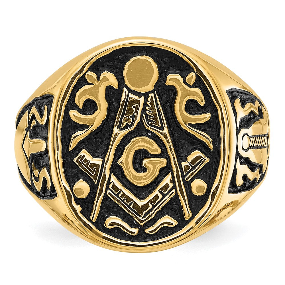 14k Yellow Gold Mens Polished and Grooved with Black Enamel Masonic Ring