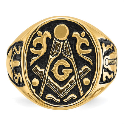 14k Yellow Gold Mens Polished and Grooved with Black Enamel Masonic Ring