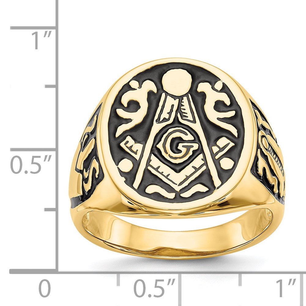 14k Yellow Gold Mens Polished and Grooved with Black Enamel Masonic Ring