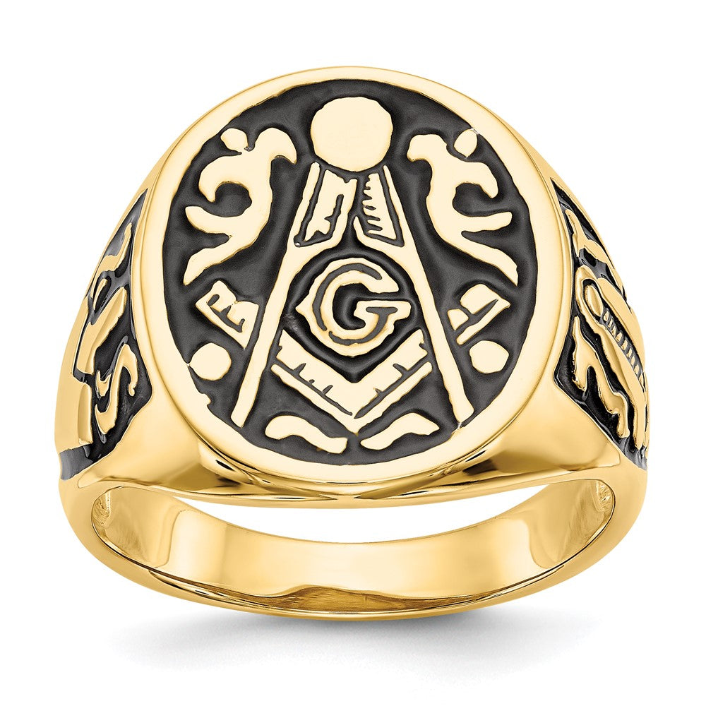 14k Yellow Gold Mens Polished and Grooved with Black Enamel Masonic Ring