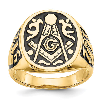 14k Yellow Gold Mens Polished and Grooved with Black Enamel Masonic Ring