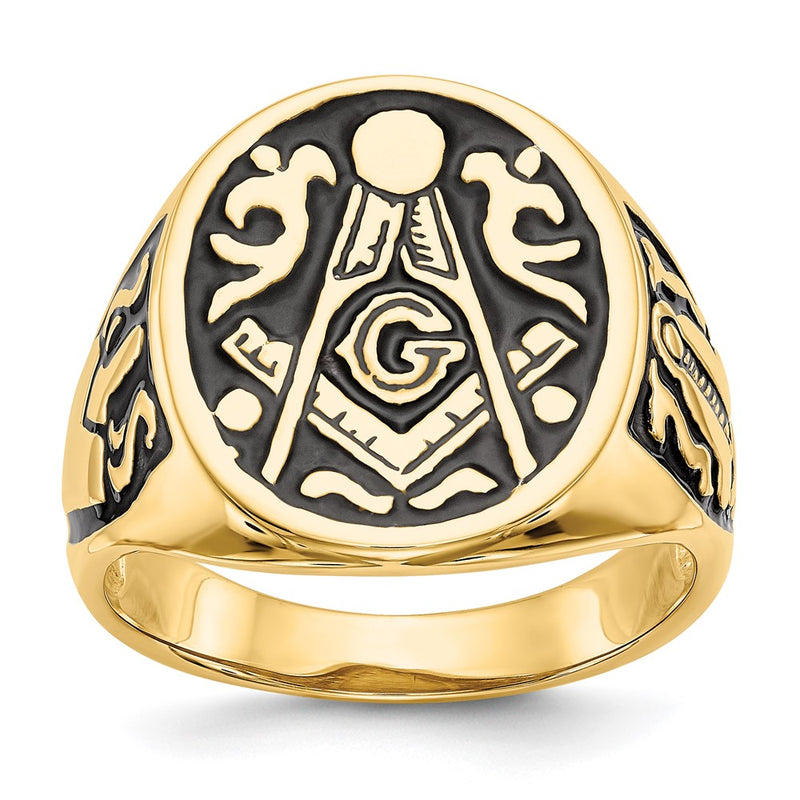14k Yellow Gold Mens Polished and Grooved with Black Enamel Masonic Ring