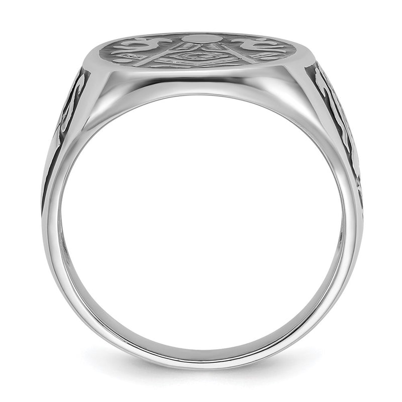 14k White Gold Mens Polished and Grooved with Black Enamel Masonic Ring